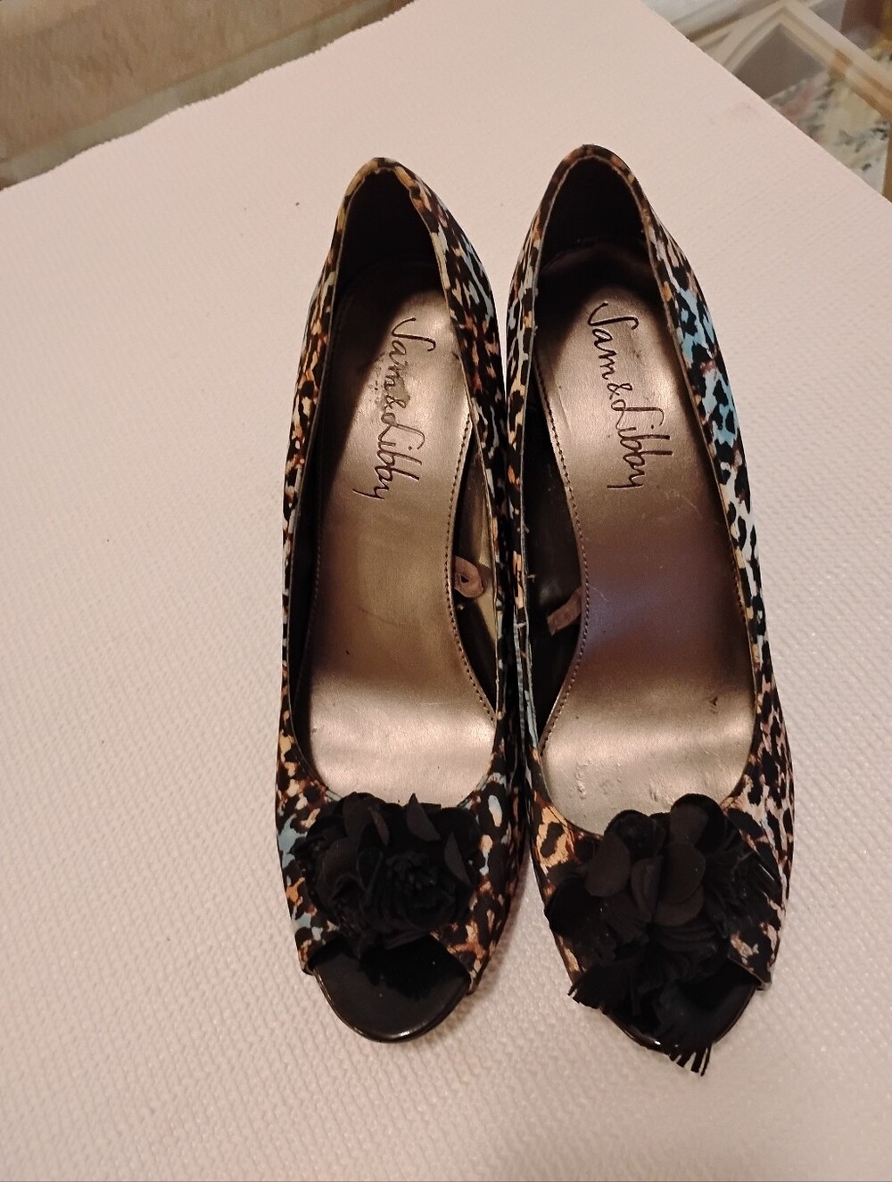 Sam & Libby Leopard Print Peep-Toe Heels with Black Floral Appliqués